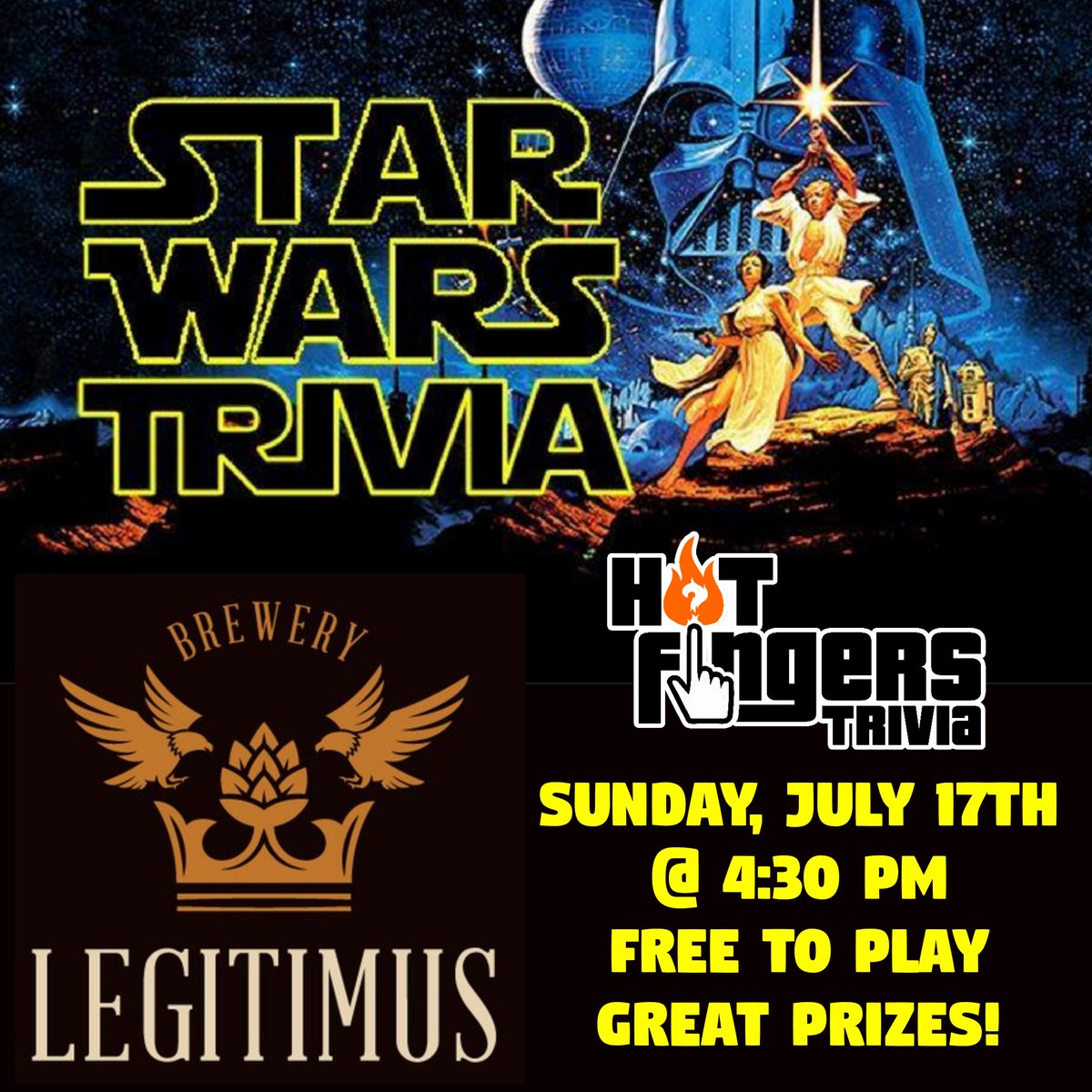 Less adulting, more hobbies. Have you been studying your Star Wars trivia? We're pouring your favorites and Hot Fingers Trivia is going to put you to the test! Get here early, grab a beer and some tacos and prepare to prove you know the most!