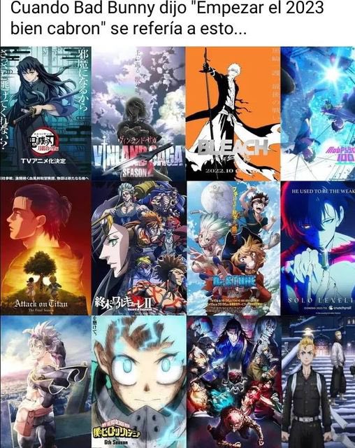 HugoEs04's tweet photo. Un arco buenardo de Kimetsu,
 el mejor arco de Vinland, 
el final de Bleach, 
el final de Mob, 
el final de Shingeki, 
la mejor pelea de Shuumatsu, 
Solo Leveling muy God,
Arco muy bueno de Black Clover, 
el mejor arco de Boku no hero,
El mejor arco de Jujutsu 
Mejor arco de TKR https://t.co/hpznTSYLSe