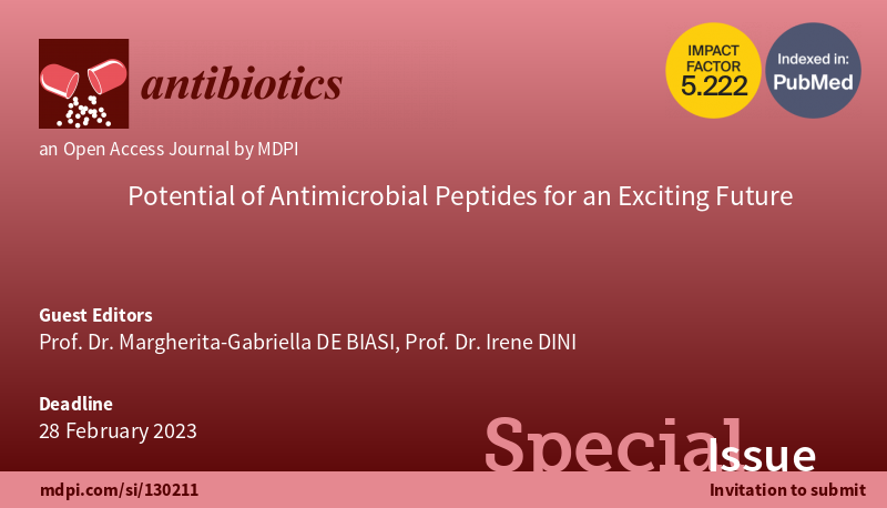 Antibiotics MDPI (@antibioticsmdpi) on Twitter photo 📢New Special Issue "Potential of #Antimicrobial #Peptides for an Exciting Future" is Open for Submission!
✏️Guest Edited by Prof. Dr. Margherita-Gabriella DE BIASI and Prof. Dr. Irene DINI from <a href="/UninaIT/">Unina Federico II</a>
👉mdpi.com/journal/antibi… 📢New Special Issue "Potential of #Antimicrobial #Peptides for an Exciting Future" is Open for Submission!
✏️Guest Edited by Prof. Dr. Margherita-Gabriella DE BIASI and Prof. Dr. Irene DINI from <a href="/UninaIT/">Unina Federico II</a>
👉mdpi.com/journal/antibi…
