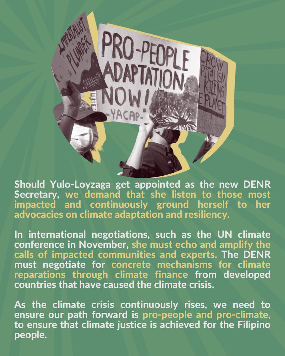 YACAPhilippines's tweet photo. Environment secretary, Toni Yulo-Loyzaga, listen to the people! Address the climate crisis with the urgency it needs. Listen to those most impacted and hold developed countries accountable! 

Here’s what we can expect if she gets appointed ⤵️ https://t.co/ChuMs9drqb