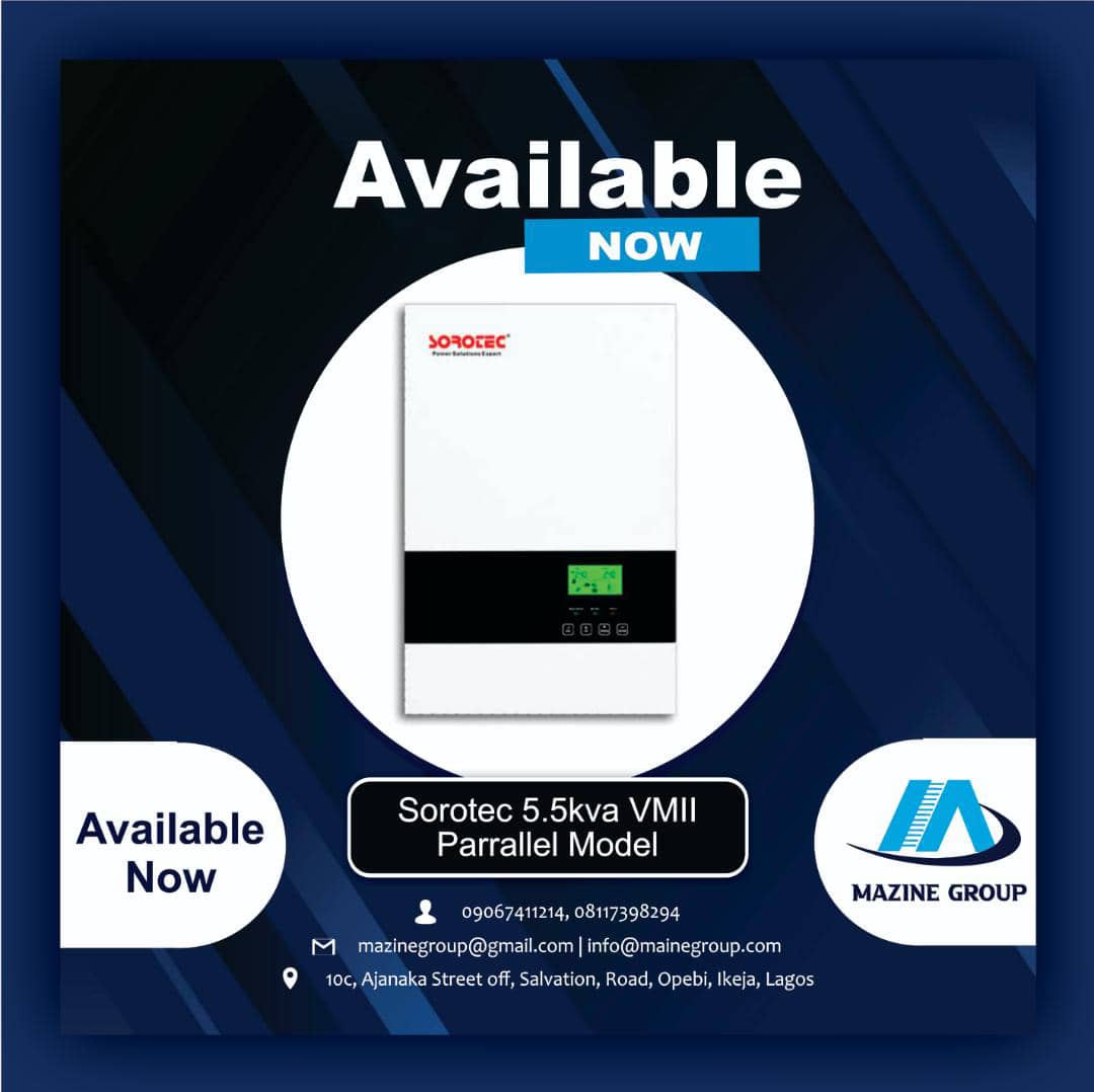 Mazinegroup's tweet photo. Available now: Sorotec 3.5kva and 5.5kva 100a hybrid inverter. Parrallel model.

Call/chat - 08117398294
                    09067411214

Price 
5.5kva - 390k
3.5kva - 295k

Parallel kit - 28k

Address - 10c ajanaku street off salvation road opebi ikeja Lagos. https://t.co/XxgMN2lkkr