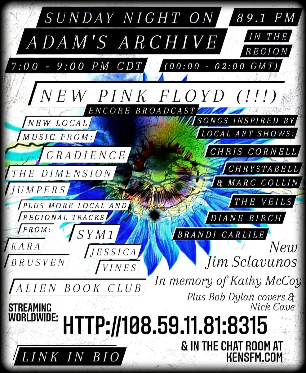 AdamsArchive891's tweet photo. #AdamsArchive tonight @ 7:00 - 9:00 PM CDT / 00:00 - 02:00 GMT. 89.1 FM, streaming @ https://t.co/99oJkgZfJR &amp; chat room @ https://t.co/3P6DXwpj98

New #PinkFloyd, #BobDylan sung by @JimSclavunos, @lowtheband, more, #NickCave, + @no1butSYM1,
@BrusvenKara, @djc_music_, @dianebirch https://t.co/Y2D2q5kLKg