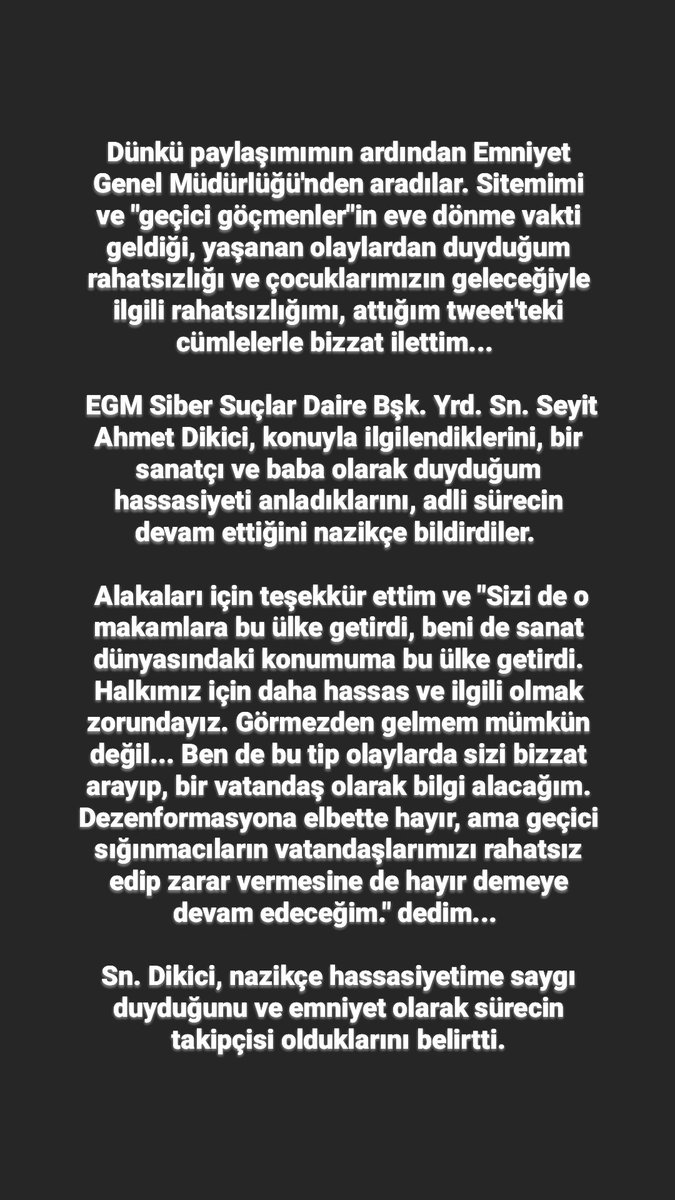mustinetnet's tweet photo. 1-Dünkü paylaşımımın ardından Emniyet Genel Müdürlüğü'nden aradılar. Sitemimi ve "geçici göçmenler"in eve dönme vakti geldiği, yaşanan olaylardan duyduğum rahatsızlığı ve çocuklarımızın geleceğiyle ilgili rahatsızlığımı, attığım tweetteki cümlelerle bizzat ilettim... https://t.co/vbKFGfGL7o
