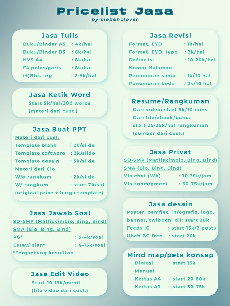 [OPEN JOKI TUGAS]

🍀Jasa tulis
🍀Jasa ketik
🍀Joki tugas
🍀Jasa desain
🍀Jasa privat SD-SMA

Mau jasa di luar list? Feel free to ask on WA tinyurl.com/siebenclover

📌 #zonaba #jokitugas #zonauang matematika mtk fisika biologi kimia bing eng inggris bind indo bindo sd smp sma
