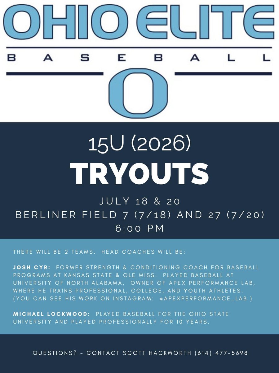Ohio Elite 15U (2026) Tryouts are this week.  

Monday (7/18) and Wednesday (7/20) @ Berliner.

Register at:  [forms.gle/iB8GyYyNbvdD4B…](forms.gle/iB8GyYyNbvdD4B…)