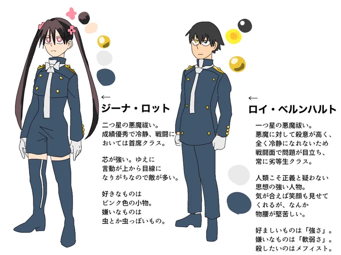 #悪魔先生と世界幸福化計画
悪魔祓いの制服。ついでにコンビ。

一つ星は頭数、二つ星は戦力、
三つ星は司令塔。

星は肩章についている。形は立体の菱形。

2022/07/17 