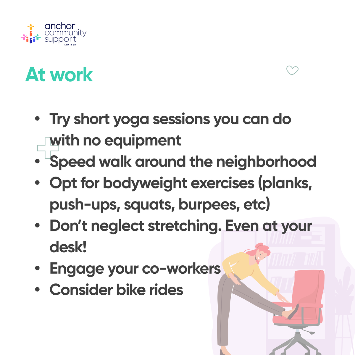 AnchorCommUK's tweet photo. 12 easy and realistic tips that will help you maintain an effective lunch break workout routine! Exercise at the gym or at the office and still have time to eat! #jointoanchor #caregiversbristol #caregiversUK #supportworkers #supportworkersUK #nursing #caregivers https://t.co/zM7drEpR4Z