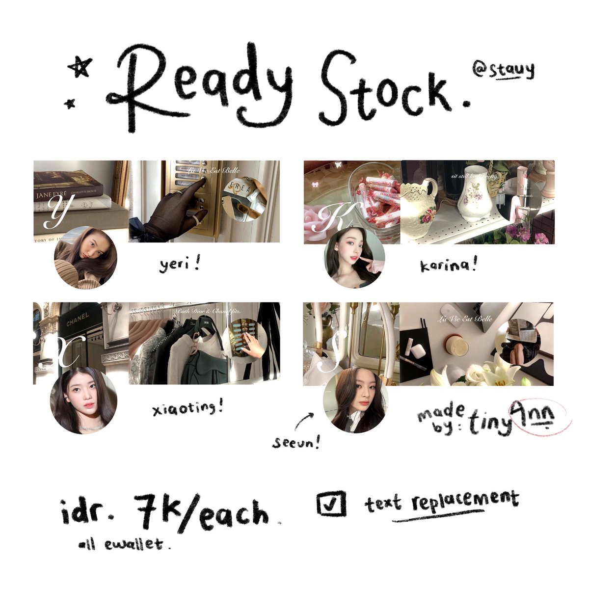 help rt yaaa makacii! 🥺 ada ready stock layout yeri, karina, xiaoting, seeun hehee buat yang tertarik bisa dm aku jam 20.15 yaaaa 🧸💗

#zonauang #zonaba