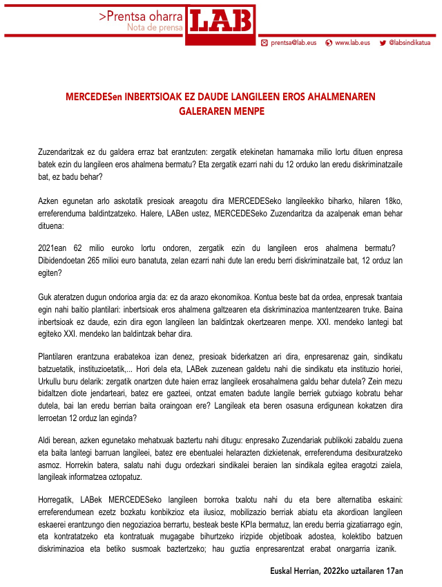 LABGasteiz's tweet image. #MERCEDES​en inbertsioak ez daude langileen eros ahalmenaren galeraren menpe

#MercedesBORROKAN 
#MercedesEnLucha