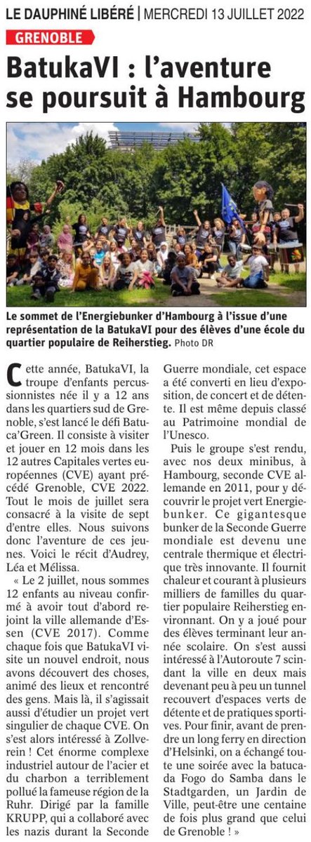 BatukaVI (@batukavi) on Twitter photo Demain, devrait paraître dans les pages de notre quotidien régional préféré, le Dauphiné Libéré, la deuxième Carte Postale hebdomadaire (sur 4) adressée par le groupe Batuca'Green III. Elle portera sur cette semaine passée entre deux bouts de Finlande et Suède :)
<a href="/GreenGrenoble22/">🌱 Grenoble, European Green Capital 2022 🇪🇺</a> Demain, devrait paraître dans les pages de notre quotidien régional préféré, le Dauphiné Libéré, la deuxième Carte Postale hebdomadaire (sur 4) adressée par le groupe Batuca'Green III. Elle portera sur cette semaine passée entre deux bouts de Finlande et Suède :)
<a href="/GreenGrenoble22/">🌱 Grenoble, European Green Capital 2022 🇪🇺</a>