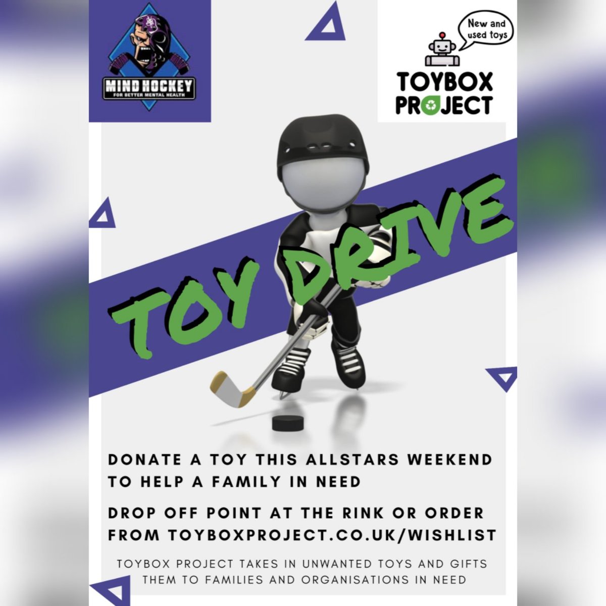 ToyboxProjectUK's tweet photo. Thanks to @mindicehockey and @ukcharityallstars, we will be holding a toy drive at the UK Charity Allstars ice hockey tournament on 30th/31st July at Ice Arena Wales. 

Bring a new or used toy and our into the drop boxes :)

#ItsOkayToNotBeOkay 
#mentalHealth https://t.co/ae8bPxGYJz