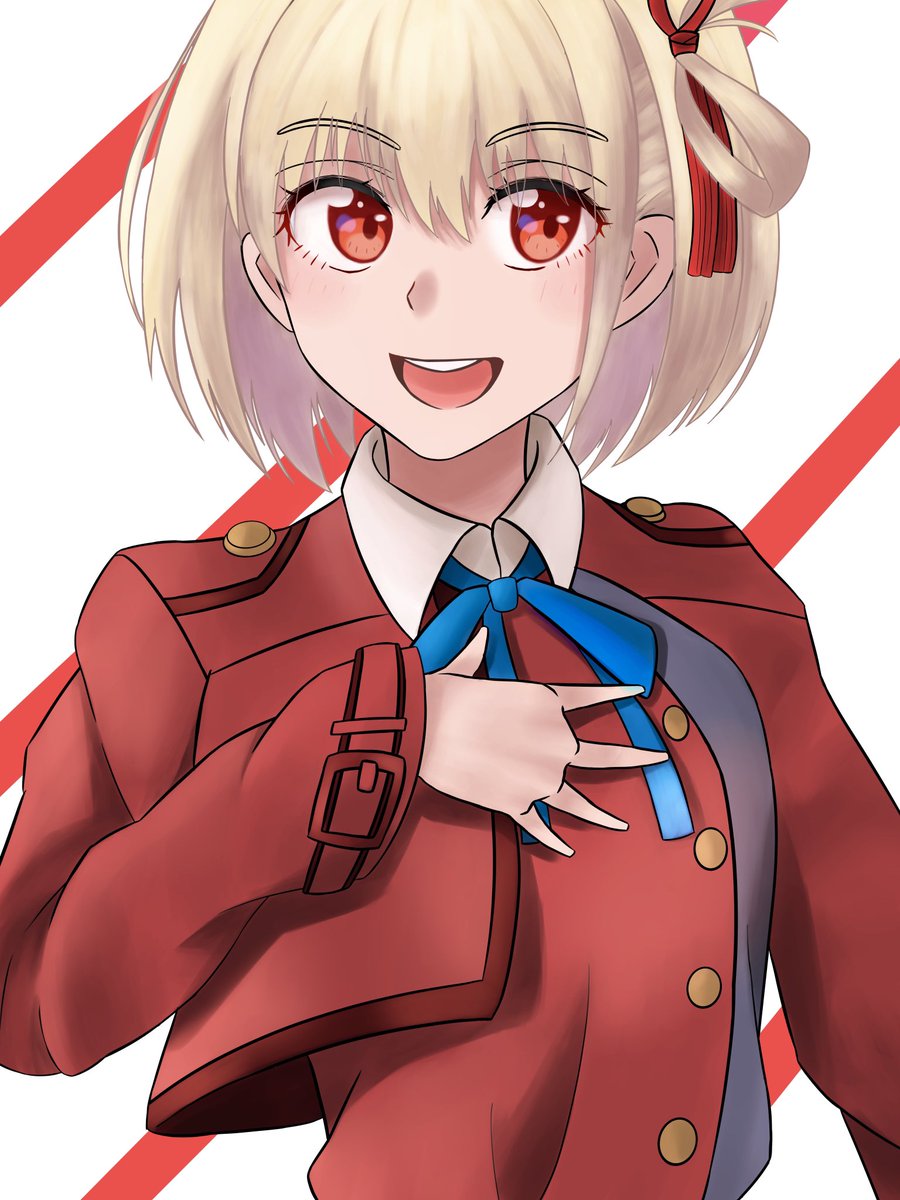 nishikigi chisato 1girl lycoris uniform blonde hair ribbon solo red eyes red ribbon  illustration images