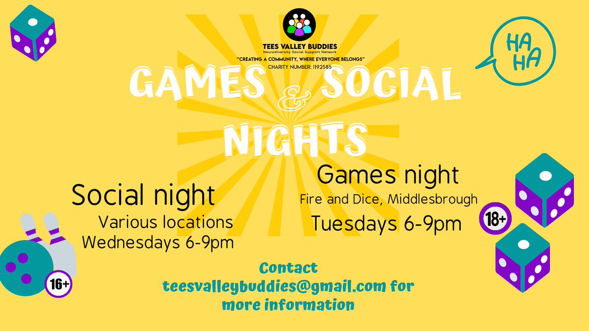 We're so excited to be bringing you a second social night starting Wednesday 27th July. Contact the page or via email for more information #autistic #Middlesbrough #charity #community #neurodiversity #ADHD
