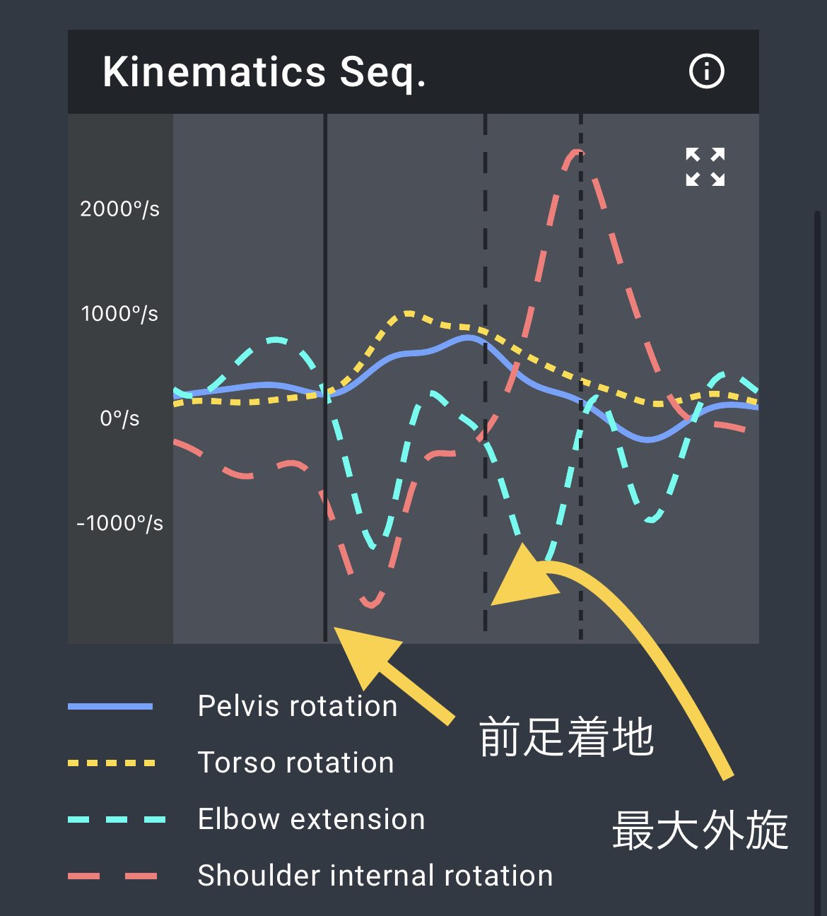 Velo Strength Top Velocity認定コーチ 速することが最も重要ということ それを踏まえてグラフを見てみると 前足着地 左側の縦線 から最大外旋 真ん中の点線 にかけて黄色の点線の速度が上がり その後 青線の速度が少しだけ上がっている これは 黄色