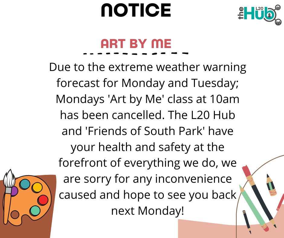 Mondays 'Art by Me' class has been cancelled due to severe weather warnings. We'll be back next Monday @ South Park Hub, Bootle from 10am!