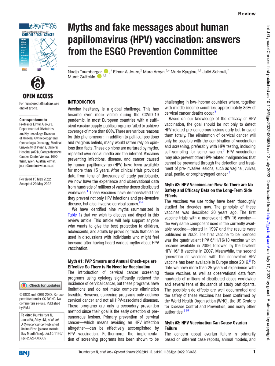 ESGO_society's tweet photo. Looking for some weekend reading? 🗞🤓 Check out the ESGO Prevention Committee’s review article on myths &amp; fake messages about HPV vaccination, which was just published in the @IJGConline 👉 https://t.co/zEcWlOZjUv

@ENYGO_official @OncoAlert @EngageEsgo https://t.co/Db5xtKB0Bd