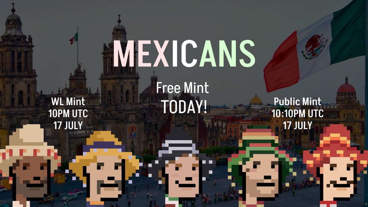 🎁 5 NFT Giveaway 🎁

✨ Mint; 17 JULY 10PM UTC.

Rules:
1️⃣ Follow <a href="/TheMexicansNFT_/">The Mexicans 🇲🇽 (Mint 17 July)</a> &amp; <a href="/90BE90/">BE90</a>
2️⃣ Like and RT
3️⃣ Tag 2 Friends

⏰ 24 Hours!
 
#NFTGiveaway