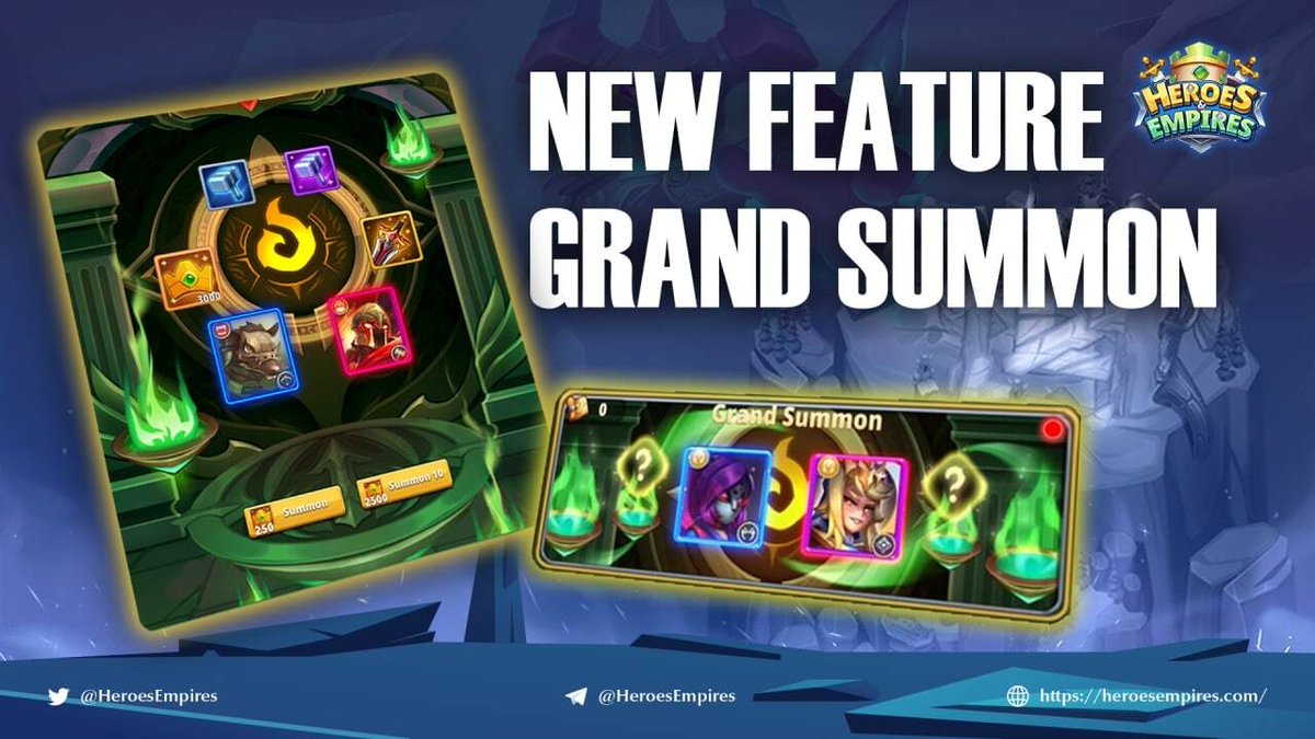 [NEW FEATURE] Grand Summon

👉 When the player reaches chapter 16, Grand Summon is unlocked. 
🎁 This mode enables the player to gain access to heroes and valuable:

Hero Rare
Hero Epic
Gold 24/6/2 hours
High Rank Gears
Artifact
HE
Arena Ticket
Consumable Item