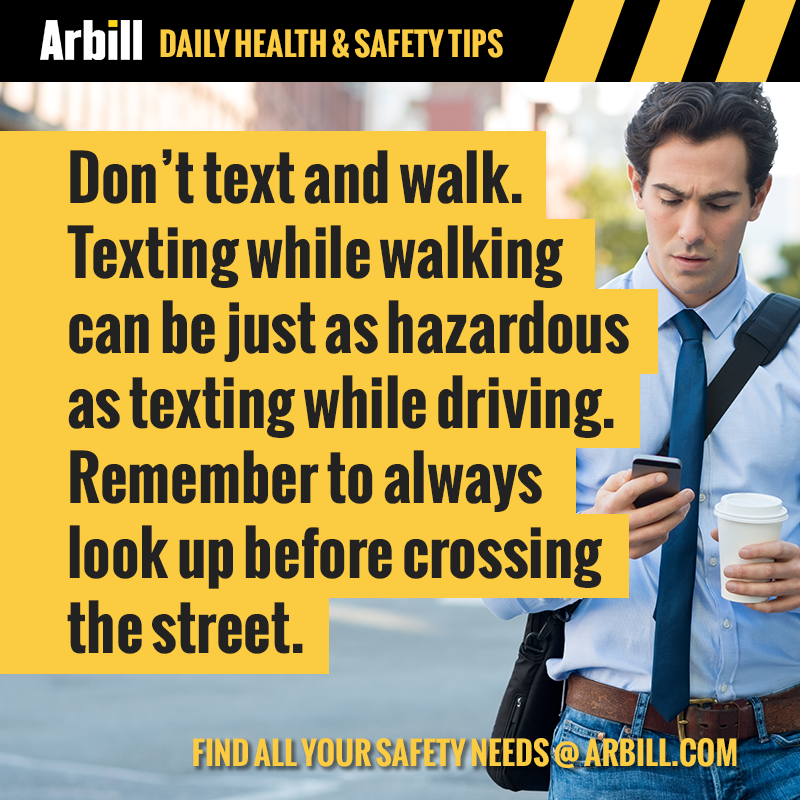 Arbillsafety's tweet photo. Don't text and walk. Texting while walking can be just as hazardous as texting while driving. Remember to always look up before crossing the street.
#Safety #SafetyTip #DontTextandWalk #SafeTexting #SafetyFirst #SaferEveryDay https://t.co/6iimcEYjEg