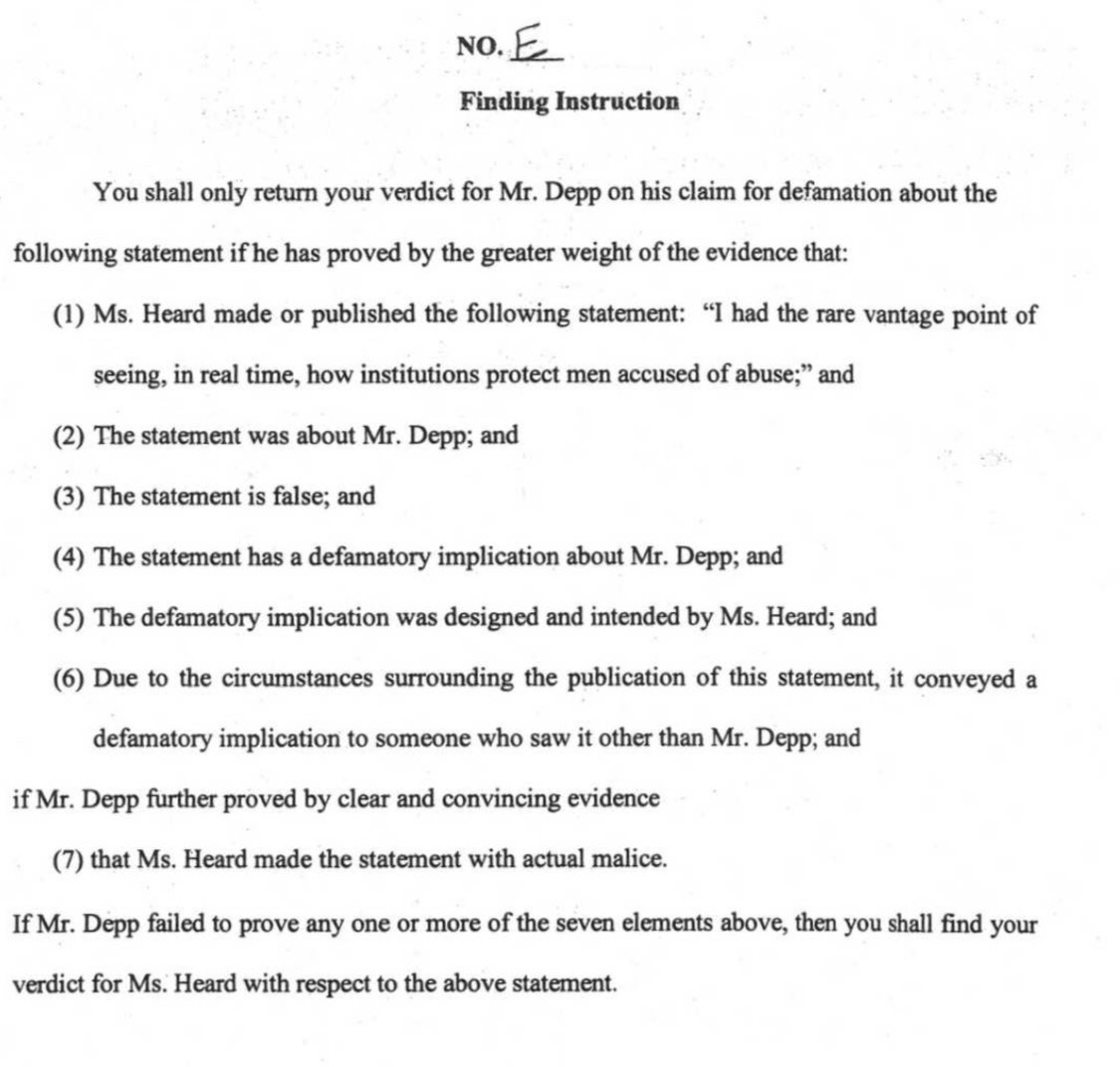 SuperSlickSpy's tweet photo. @jesusR10US Jury instructions: 
“If Mr Depp failed to prove any one or more of seven elements above, then you should find your verdict for Ms. Heard with respect to the above statement.”
ALL were required! 
(3) The (op-ed) statement was TRUE
 https://t.co/3OR2HA3amD