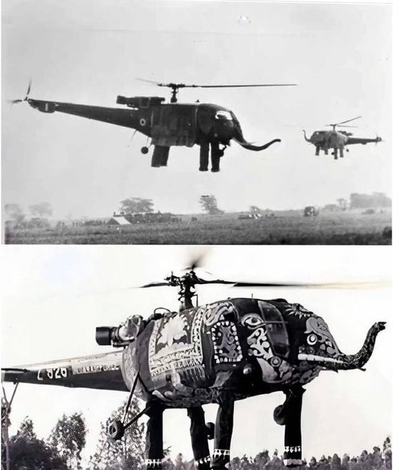 Rainmaker1973's tweet photo. The time when India had dancing elephant helicopters. The story of the annual Republic Day parade in New Delhi in the 1970s and the Helicopter Unit No. 116 [read more: https://t.co/KHc86RlXpM] https://t.co/1ojQVn9ShG