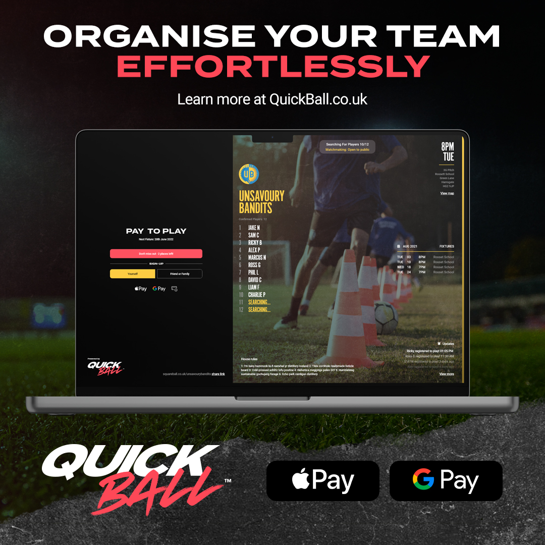 QuickBall_UK's tweet image. Introducing QuickBall. Set up matches and take payments before the game happens, ensuring that you get paid and your players can bag their place. Draft in new players when numbers are low by making your team public or keep it private and only invite friends.