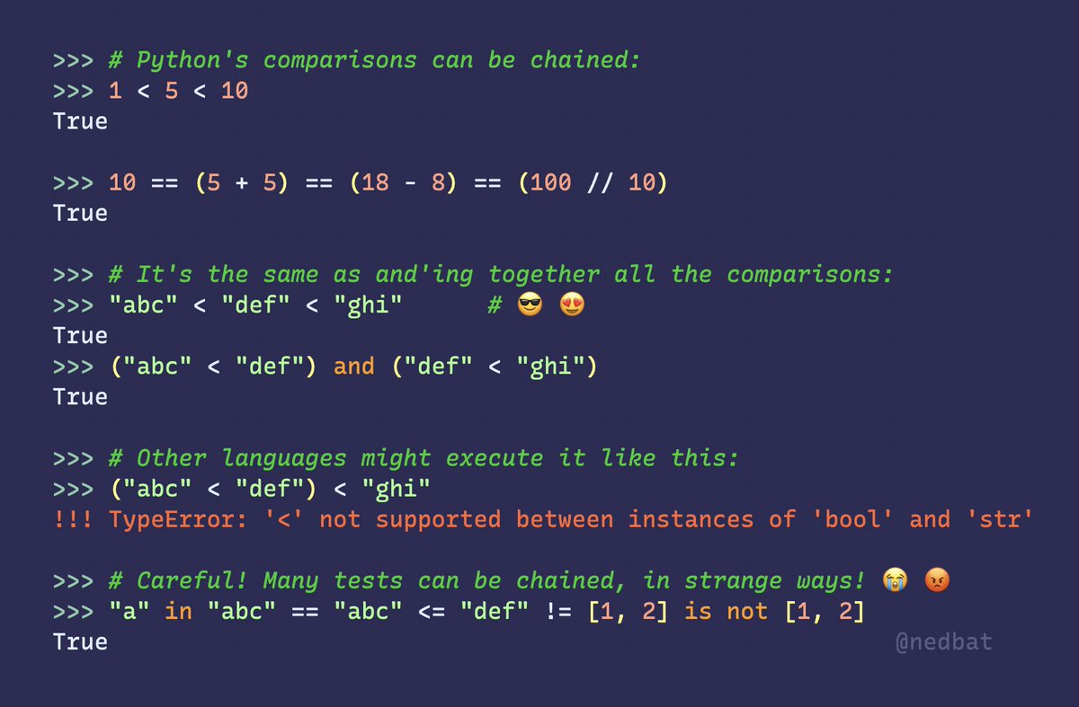 nedbat's tweet photo. Comparisons in #Python can be chained together, the way mathematicians write them. 😎 😍
But be careful, it can be abused... 😭 😡
https://t.co/gMwHwf2lF8 https://t.co/6GFrL75YYJ