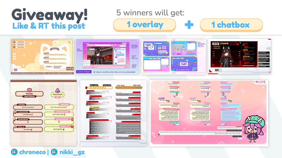 Overlay + Chatbox GIVEAWAY!
Rules: Like &amp; RT the post

There will be 5 winners, and each can pick an overlay and chatbox from me and chroneco's kofi shop! ☕️💕

Ends July 31st

#Vtuber #VtuberAssets