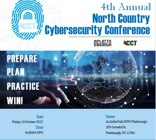 PlattsburghCCT's tweet photo. 4th Annual North Country Cybersecurity Conference 14 Oct 2022 in Plattsburgh, NY - sign up today and show your interest!
https://t.co/BaVsMjoQor https://t.co/FRW2Ek89jD