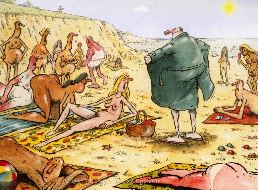nicklyonsart's tweet photo. Painting of the beach for those who can not make it there on this sunny heatwave day. 
Published Lui magazine, France - years ago!! 
#cartoon #beach #heatwave https://t.co/2UGcVIqoTV