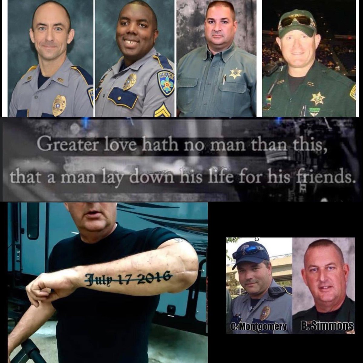 annieschex's tweet photo. 6 years ago. Today, and everyday, we remember the sacrifices of Dy. Brad Garafola, Cpl. Montrell Jackson & Officer Matthew Gerald. We will never forget them. We pray for Lt. Bruce Simmons and Cpl. Chad Montgomery and for healing of any remaining wounds- seen or unseen. #BRStrong https://t.co/f5u7o7wDTA