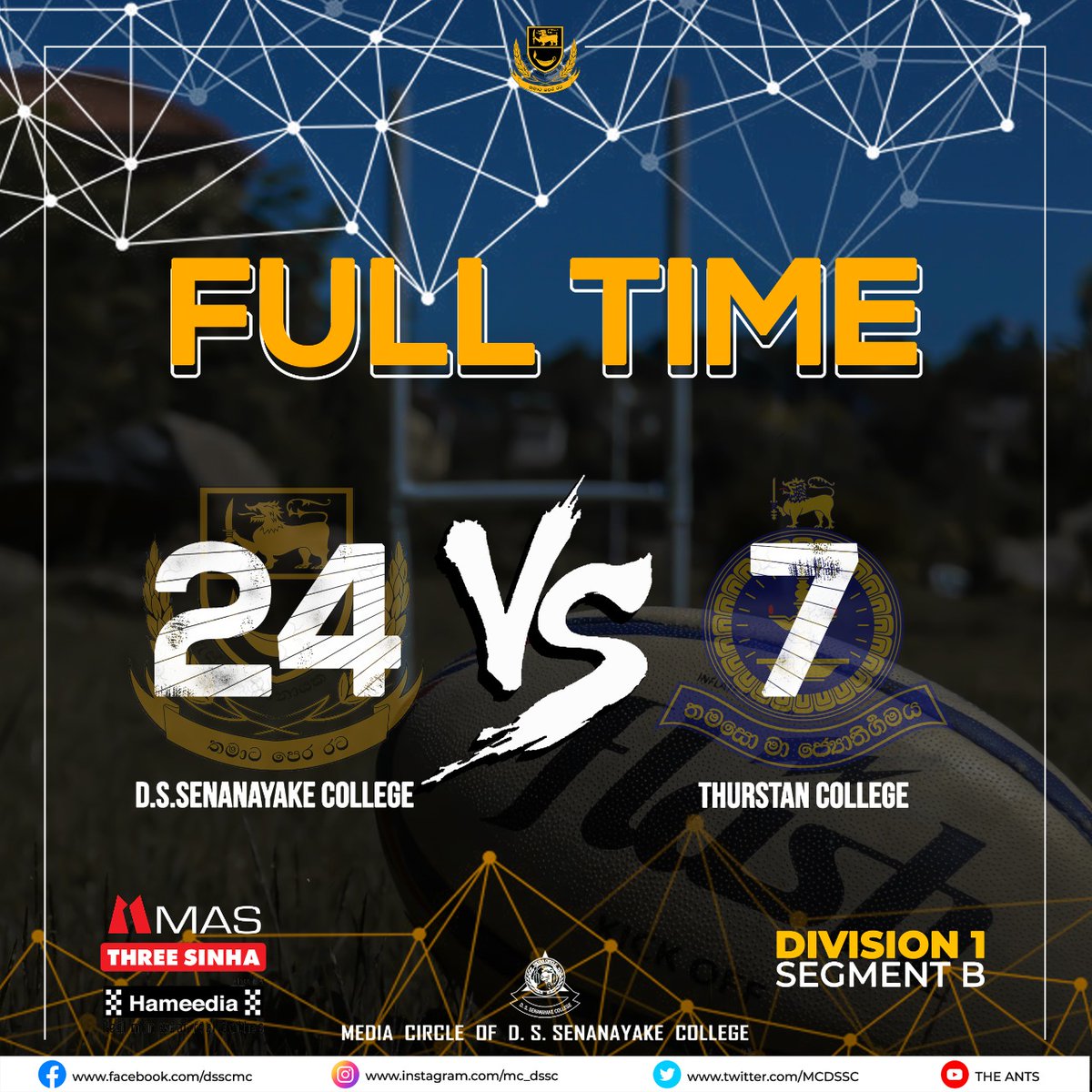 MCDSSC's tweet photo. A victory for the Donz   !!! 

Our heartiest Congratulations passed to  D.S.Senanayake College rugby team for winning the Second match of Division 1 - Segment B with a score of  24:7 against Thurstan College at Thurstan College ground premises.

#dssc
#mcdssc
#dsrugby https://t.co/bQZfSz4j4l