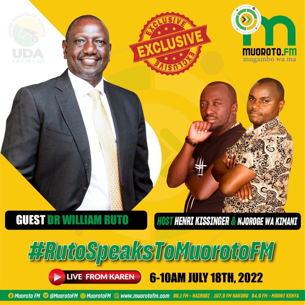 Join <a href="/Kissinger254/">Henri Kissinger</a> and myself for the most informative morning show #ndamanjeru as we engage the Dp <a href="/WilliamsRuto/">William Samoei Ruto, PhD</a> on <a href="/MuorotoFM/">Muoroto FM</a> from 6am to 10am.