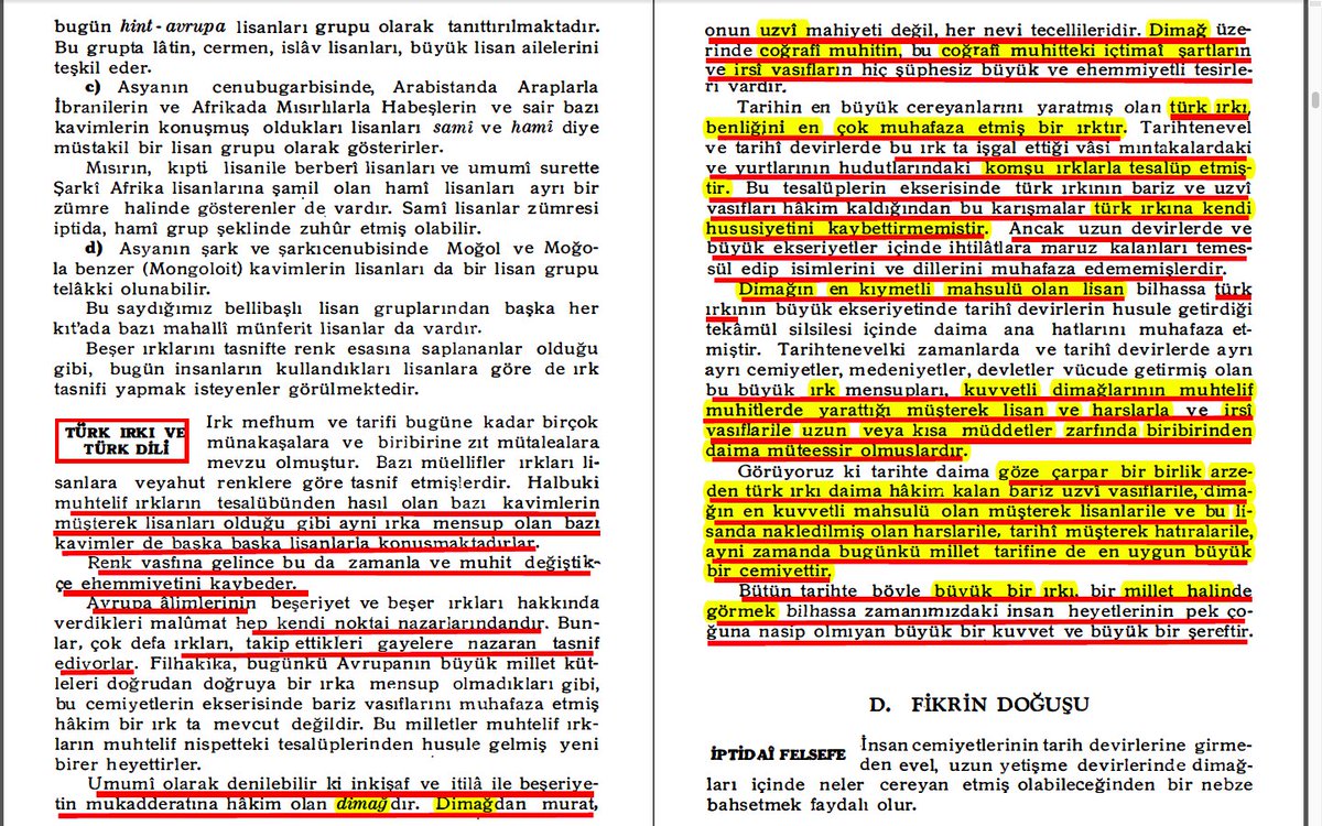 Atatürk'ün 1931'de okutulmaya başlanan dört ciltlik lise Tarih ders kitaplarının 1. cildinde yazılı TÜRK IRKI tanımı: Kafatasına değil DİMAĞ'a (akla,düşünceye), LİSAN'a (dile), HARS'a (kültüre, geleneğe, göreneğe) dayalıdır. Atatürk'ün TÜRK IRKI tanımı başkalarına benzemez.