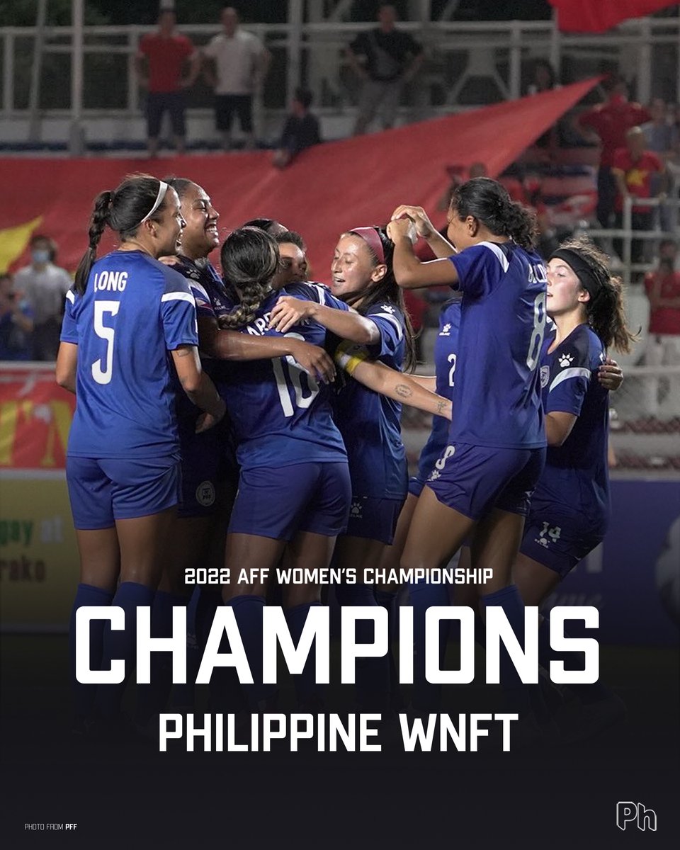 pholympicteam's tweet photo. Biggest congrats to this year's 🏆 C H A M P I O N S 🏆 of the AFF Women's Championship! 🥂

✔  1st time qualifying for the FIFA Women's World Cup
✔ SEAG podium finish for the 1st time since 1985
🆕 1st time winning the AFF Women's Championship

#AFFWomens2022 | #LabanFilipinas https://t.co/quxdR3IUAX