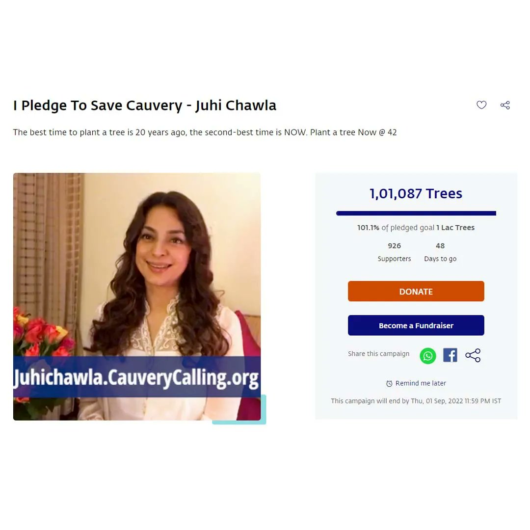 rallyforrivers's tweet photo. Congratulations, @iam_juhi, on successfully reaching your target of planting 1,00,000 trees! From gifting trees to your loved ones to visiting the farmers in the Cauvery basin, your commitment to the movement is truly inspiring. We proudly say, "Juhi, Cauvery ki beti tu hi." https://t.co/dmXR0Qn74W