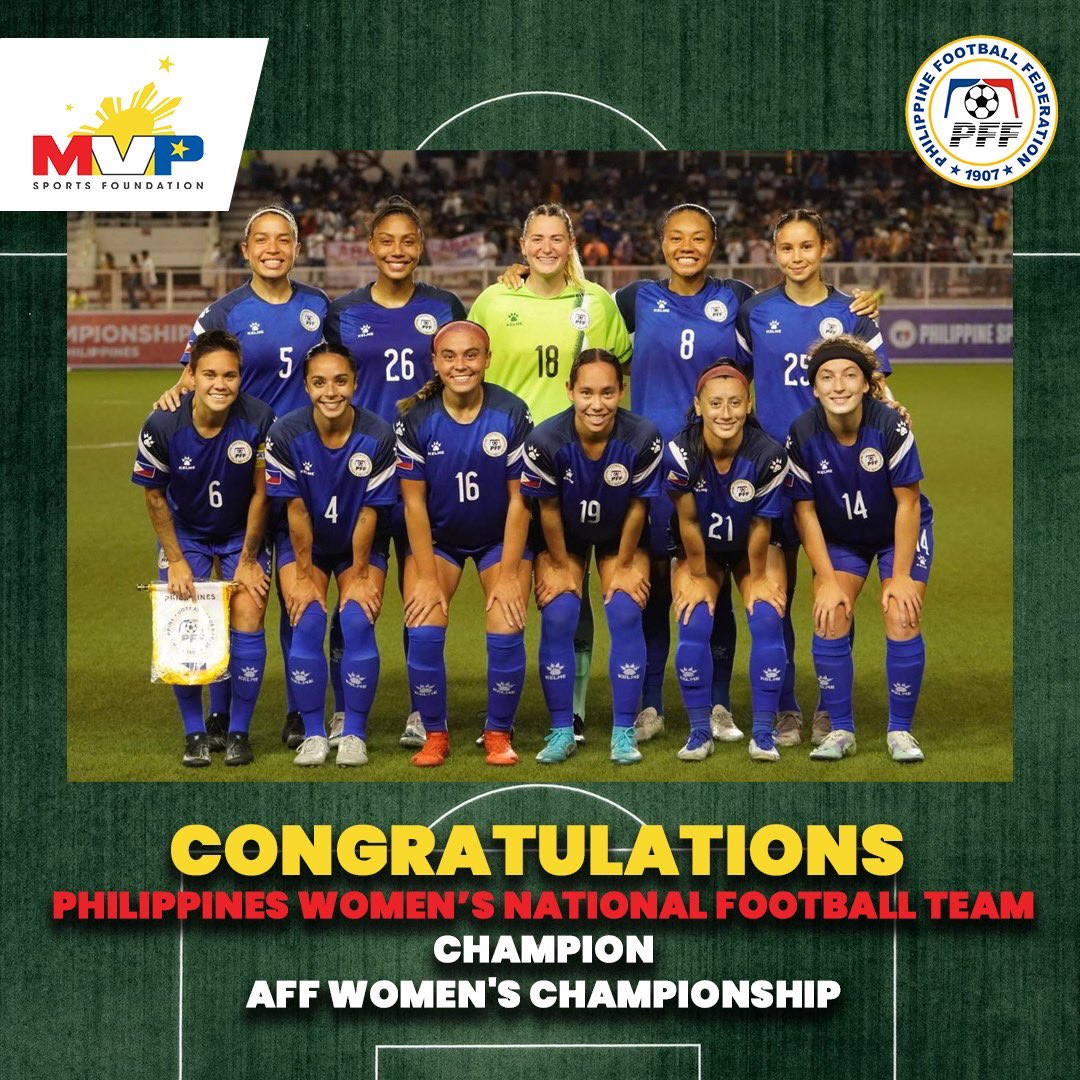 GOLDEN PINAYS! 🥇🇵🇭🔥

The Philippine Women’s National Football team bags the first ever golden chip in the AFF Women’s Championship 2022! Congratulations girls! We are always proud of you! Abante babae! 🏆💯

#LabanFilipinas 
#ParaSaBayan 
#WinTheMoment