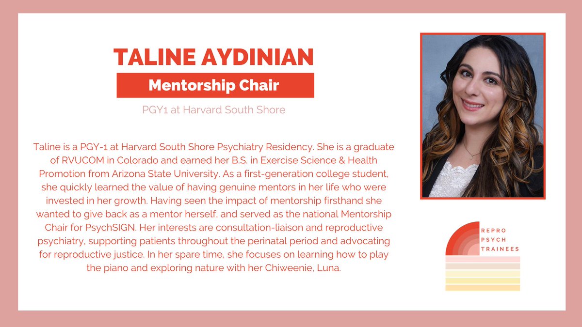 Repro_psych's tweet photo. We'll be introducing a member of our new leadership board each day this week:
Today, meet Mentorship Chair @TalkingTaline, from @hsspsychiatry! https://t.co/PuaY0jX39p