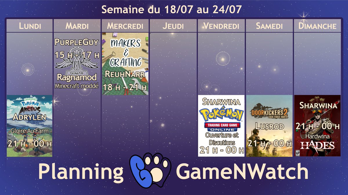 GameNWatch1's tweet photo. Planning de la semaine
On suivit à la vague de chaleur, qui ne saura nous arrêter! Merci aux streamers INCROYABLES qui luttent face à l'adversité de la météo!! @adrylen_ @LusrodGNW @SharwinaGnW PurpleGuy et Reuhnarr https://t.co/rAZjAWveIE