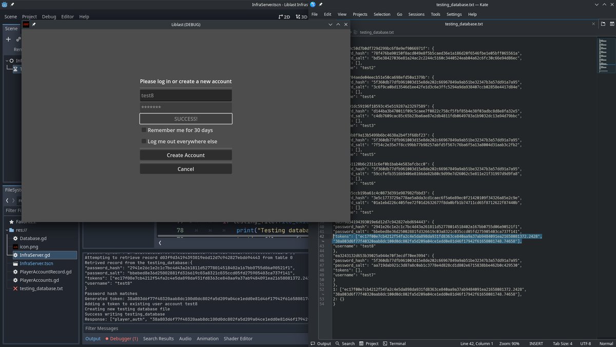 unfa's tweet image. Development progress on #Liblast:
User account creation and login works! Users safely authenticate to the infrastructre server using salted password hashes and get session tokens that will be used to authenticate them with game servers. The missing… mastodon.social/@unfa/10866406…