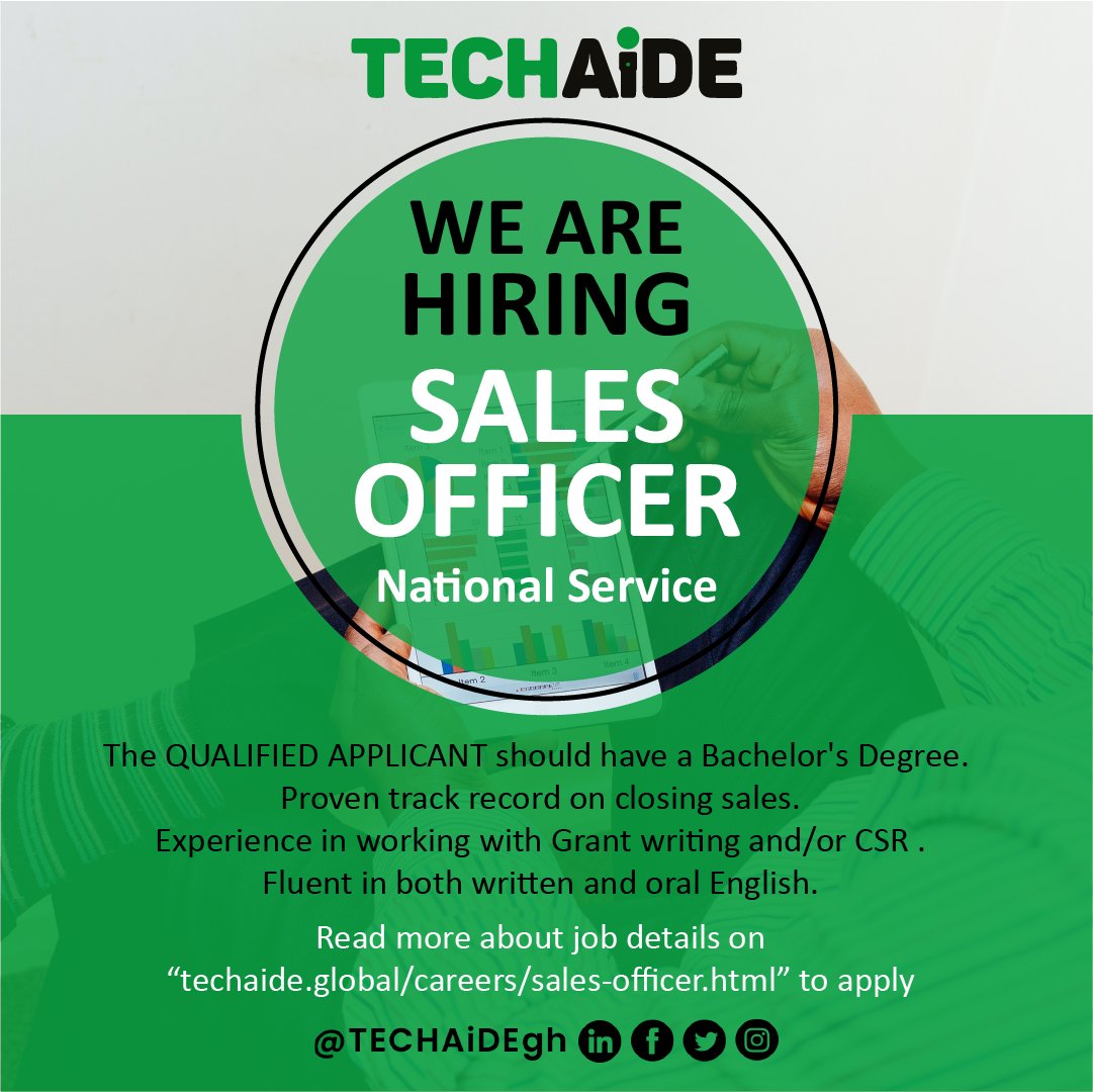 techaidegh's tweet photo. TECHAiDE is seeking to hire a Sales Officer National Service personnel to promote and market its products and services.
Apply here: https://t.co/MIbvOwP3s5
Or send an email to jobs@techaide.global
#techaide #technology #STEM #education #jobs #hiring https://t.co/JMWDuB5WqI