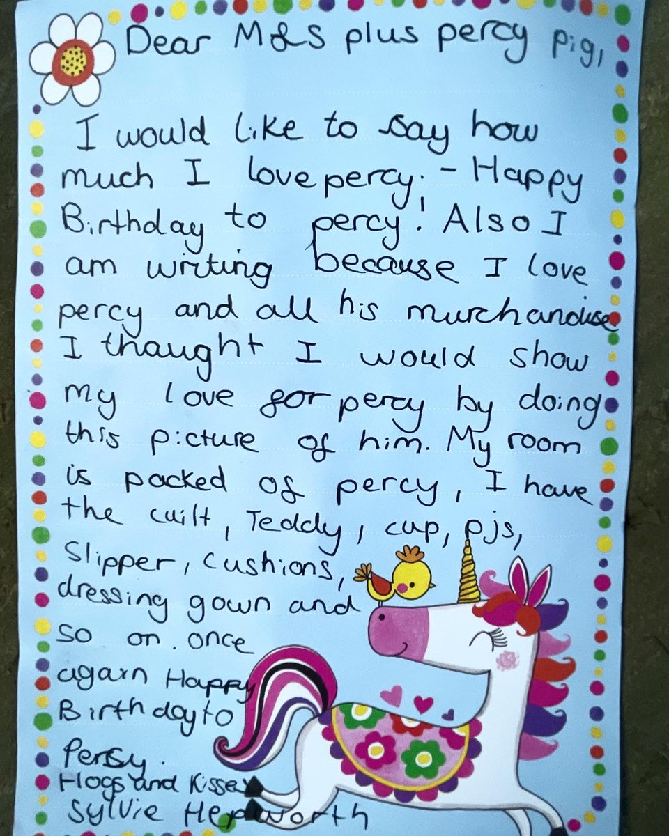 punkweasel's tweet photo. Sent on behalf of my daughter, an avid #percypig fan. 

Dear Percy pig. 

I would like to say how much I love Percy - happy birthday to Percy. Also I am writing

Because I love Percy and all his merchandise. I thought I would show my love for Percy by doing this picture of him. https://t.co/BdVMjRsNaq
