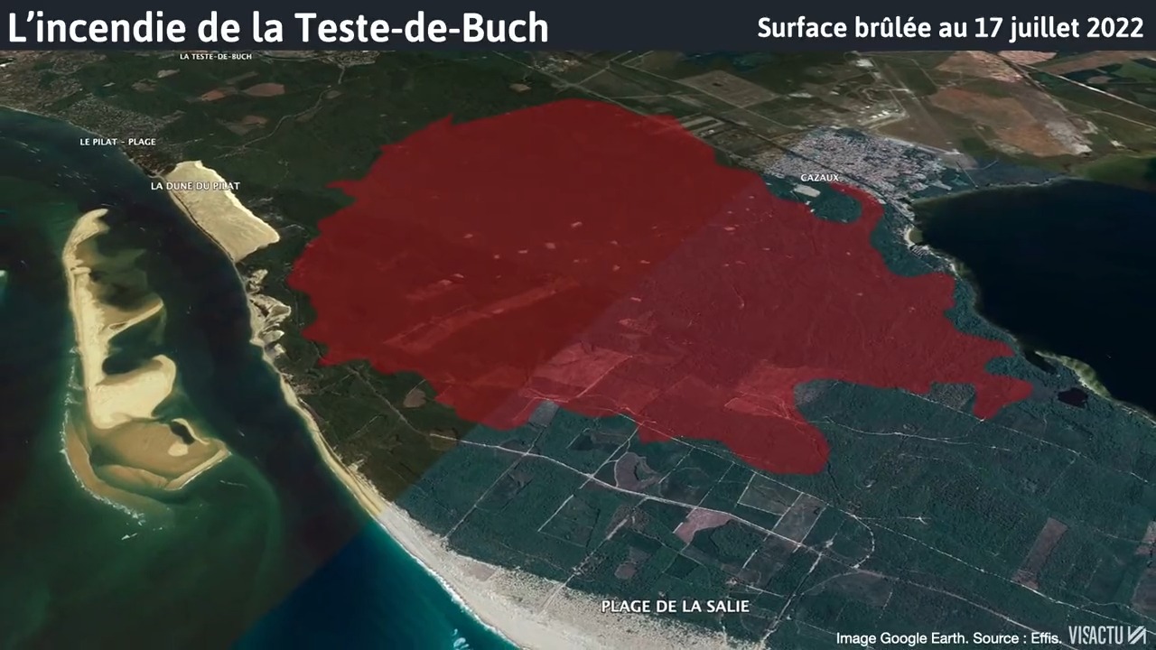 Visactu on X: "VIDÉO. Au total, près de 4000 hectares sont partis en fumée  à la Teste-de-Buch. Ce dimanche, le feu a sauté la route départementale 218  et a atteint la mer.