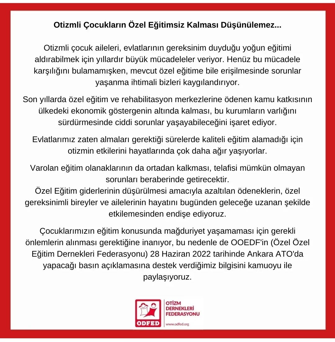 #özelçocuklarötelenmesin tek şansı eğitim olan özel gereksinimli çocuklarımızın eğitimsizlik yüzünden kaybolup gitmesine izin vermeyin @RTErdogan @NureddinNebati @HMBakanligi @tcmeb @Akparti @AKPartiSPBGM @jsarieroglu @todev @ocedorgtr @EmineErdogan #otizm