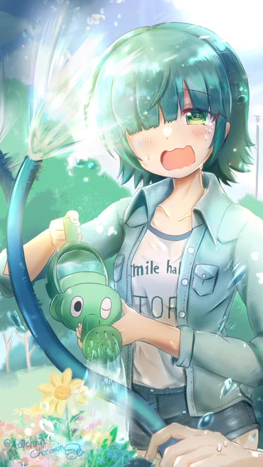 双葉碧ちゃん(現実アオイちゃん)と一緒にお花の水やりしてたらホースが暴発してしまったという夢。#プリコネR 