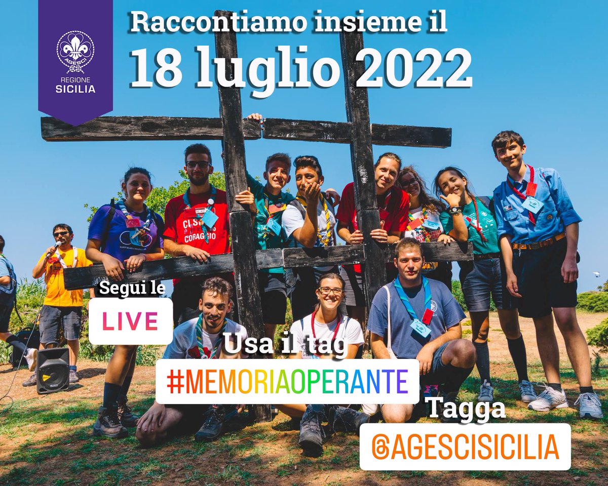 Pronti ad essere sentinelle di memoria operante 👣 
Racconta con noi questo momento unico:
📌 tagga <a href="/agescisicilia/">AGESCI Sicilia</a> , 
#️⃣ usa il tag #memoriaoperante 
📹 segui le dirette dai laboratori, le interviste, durante la marcia, ma anche la veglia e la Santa Messa conlcusiva!