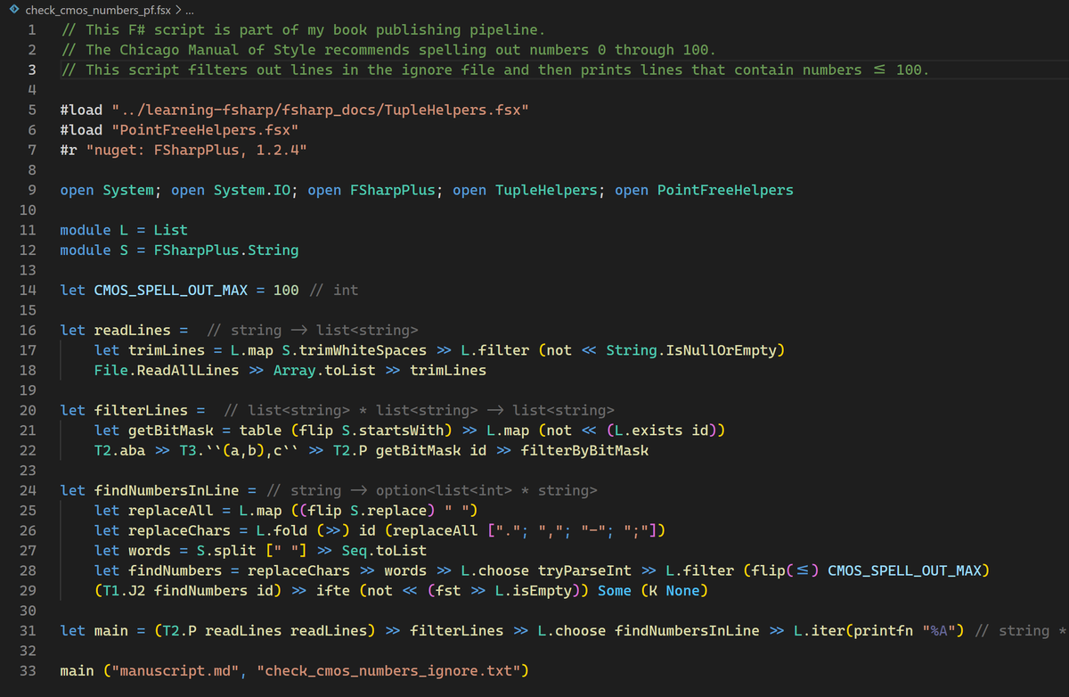 TheOlegarchy's tweet photo. Here's an example of a style I'm developing that I call "readable code golf." The style is inspired by John Backus's FL and Ken Iverson's APL. The filterLines function is my favorite. Note: I know this isn't idiomatic F#--I'm just experimenting!
#fsharp #apljk #readablecodegolf https://t.co/p2BPkx3WYD