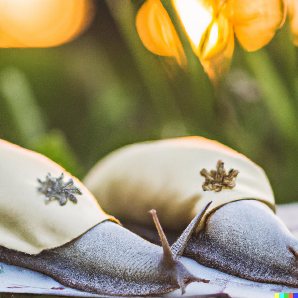 “two slugs in wedding attire getting married, stunning editorial photo for bridal magazine shot at golden hour”