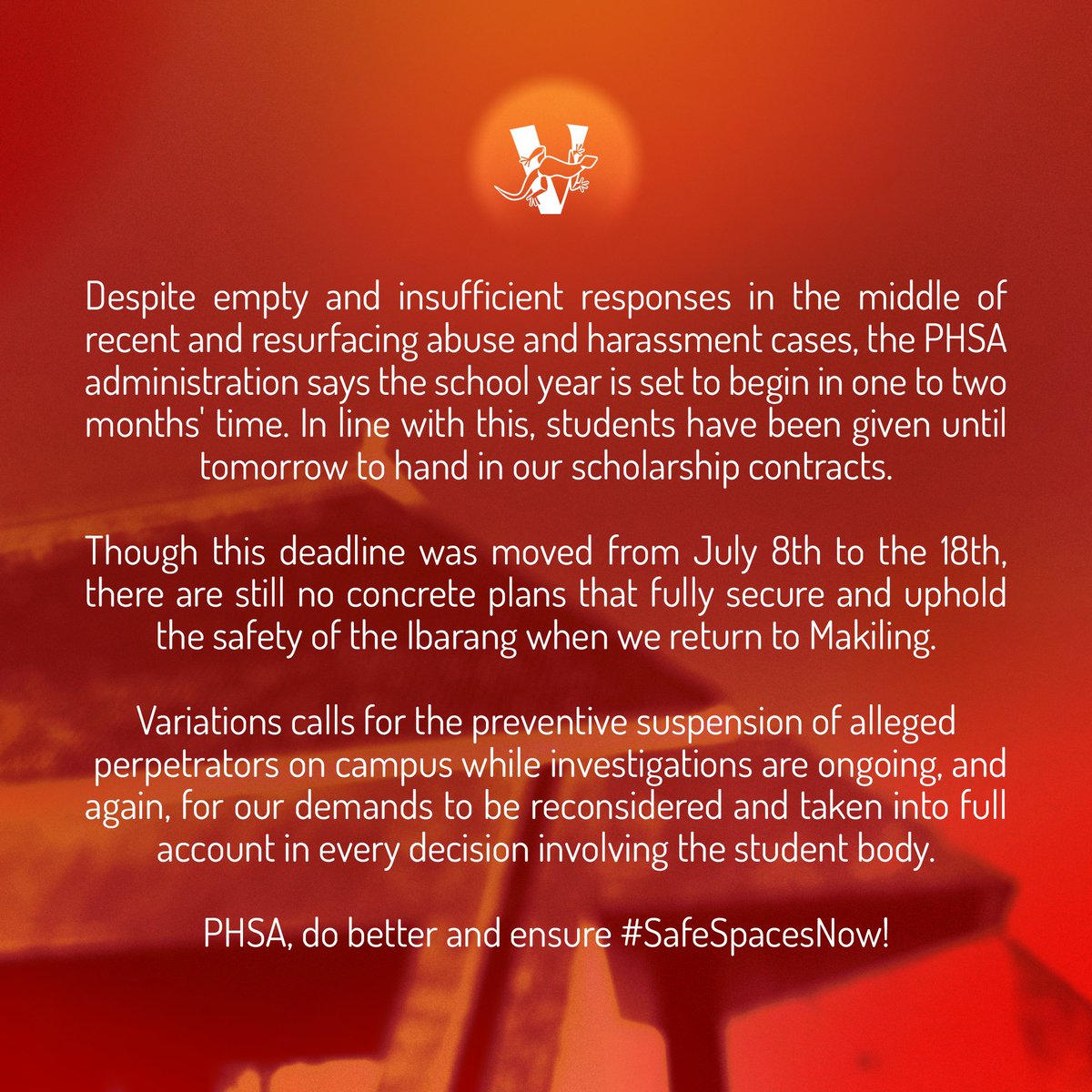 phsa_variations's tweet photo. READ: Variations' official statement on the students' scholarship agreement deadline

#SafeSpacesNow https://t.co/0hz3xBhxmR