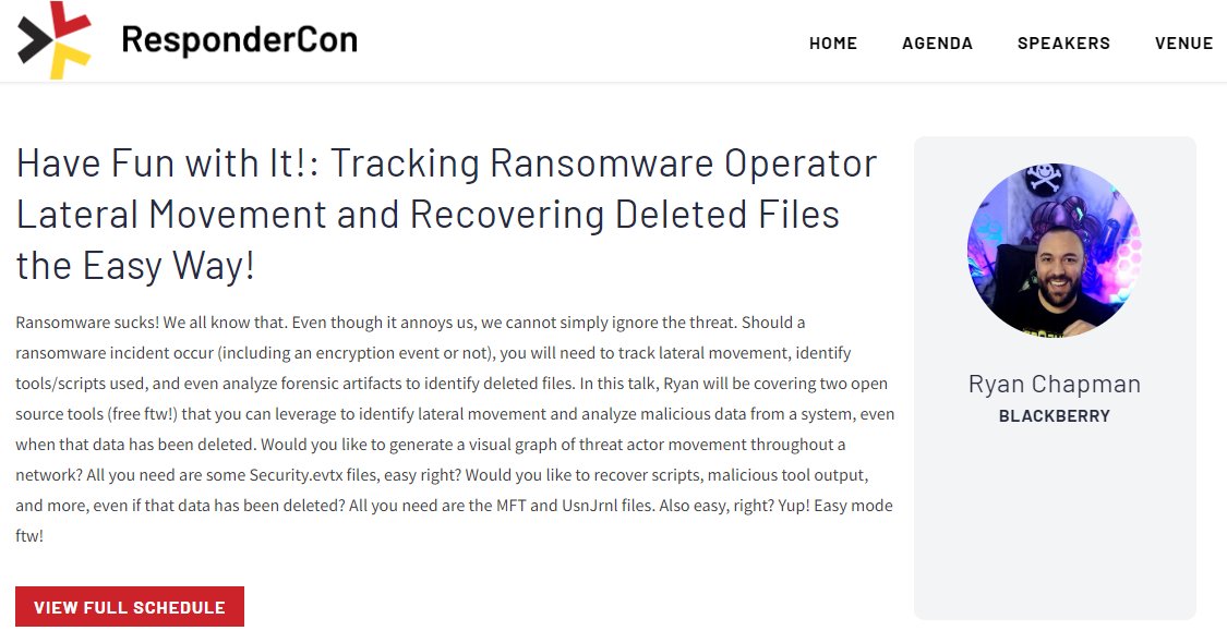 rj_chap's tweet image. Woohoo! I&apos;ll be presenting &quot;Have Fun with It!: Tracking #Ransomware Operator Lateral Movement and Recovering Deleted Files the Easy Way!&quot; at #OSDFCon&apos;s #ResponderCon. VERY excited to present alongside @uuallan, @carrier4n6, @brianjmoran, and more!
respondercon.io/talk/have-fun-…
#DFIR